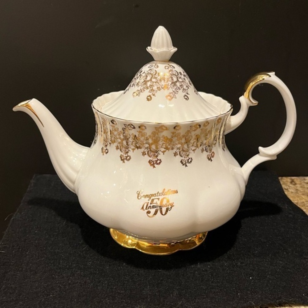 Vintage Royal Albert 50th Anniversary Elegant White and Gold Teapot, England